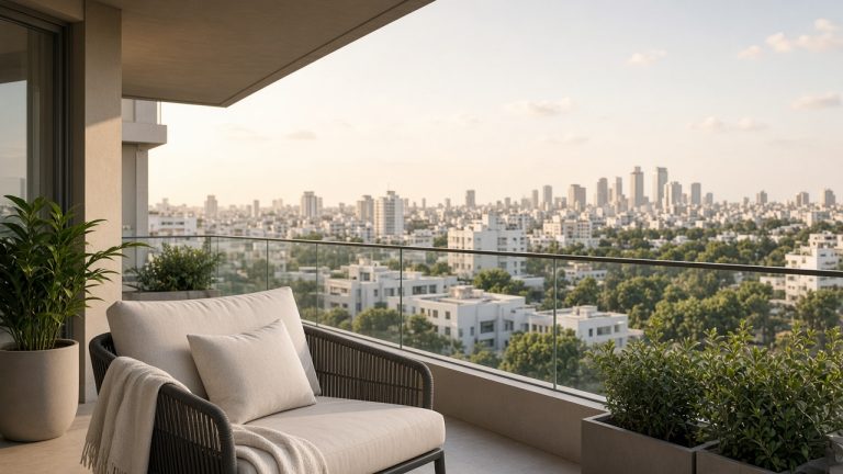 מרפסת דירה מודרנית עם נוף לעיר — אילוסטרציה להחלטת קניית דירה