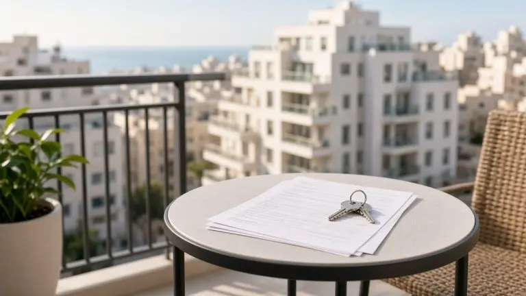 מפתחות וחוזה שכירות על שולחן במרפסת מול נוף עירוני - שכר דירה 2026